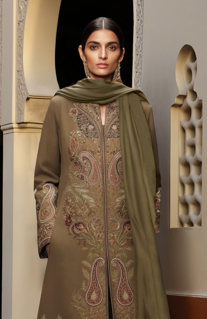 Regal Olive Paisley Embroidered Jacket Set