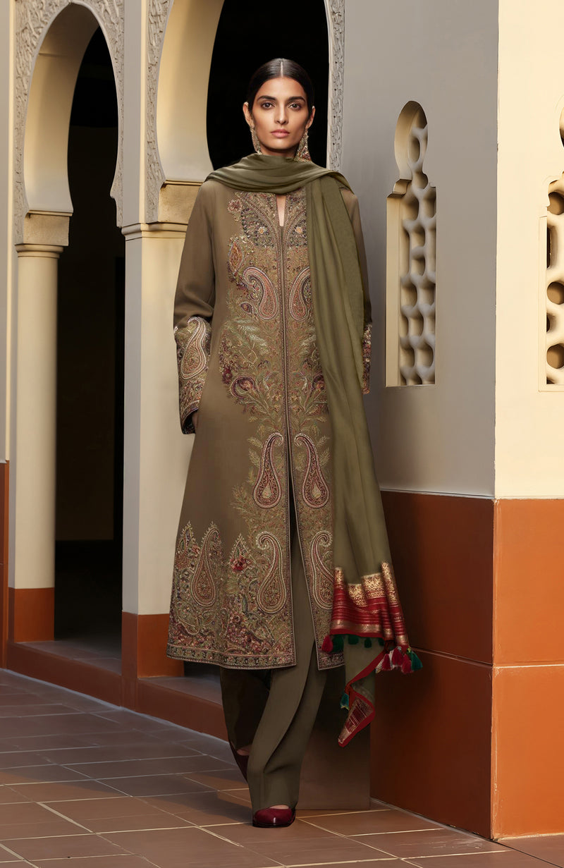 Regal Olive Paisley Embroidered Jacket Set