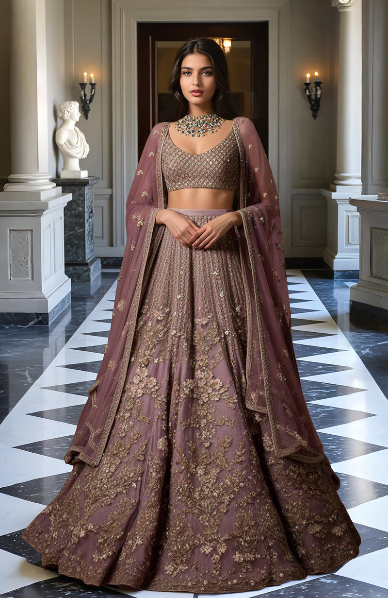 Dusty Mauve Gold Embroidered Lehenga Set