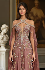 Dusty Mauve Gold Embroidered Gown & Cape