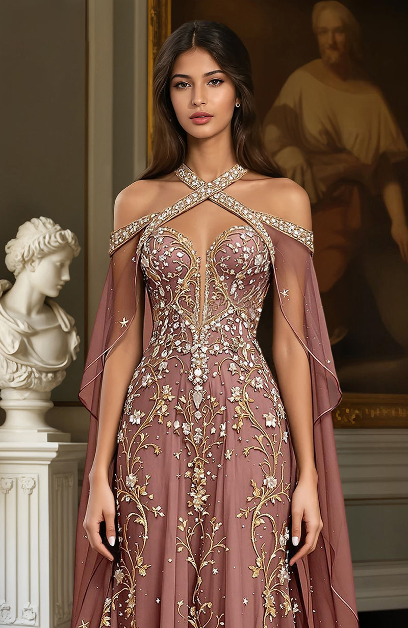 Dusty Mauve Gold Embroidered Gown & Cape