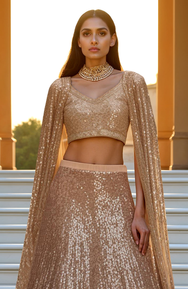 Champagne Gold Sequin Hand Embroidered Cape Lehenga Set