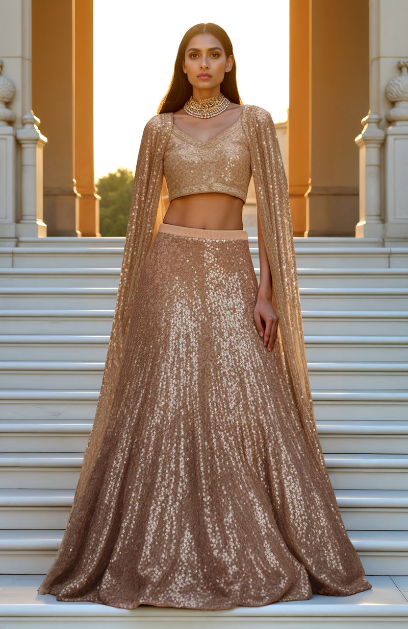 Champagne Gold Sequin Hand Embroidered Cape Lehenga Set