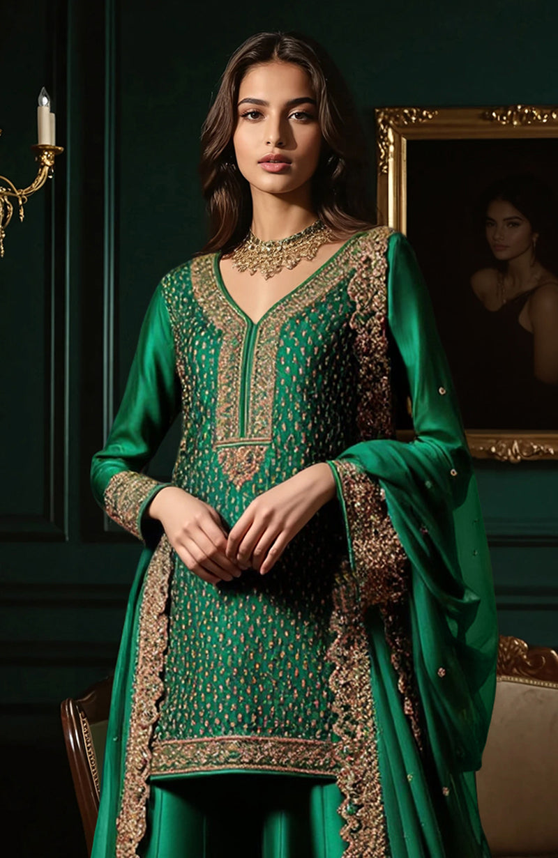 Emerald Green Gold Embroidered Sharara set