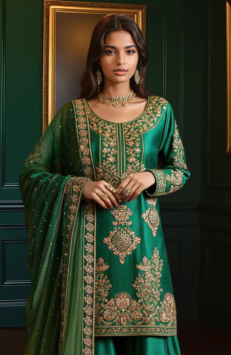 Emerald Green Gold Embroidered Gharara set