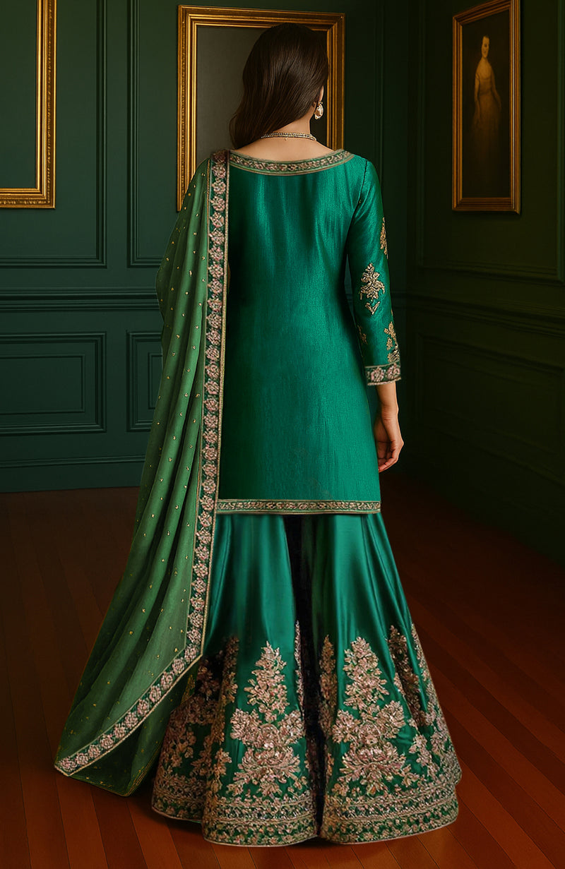 Emerald Green Gold Embroidered Gharara set