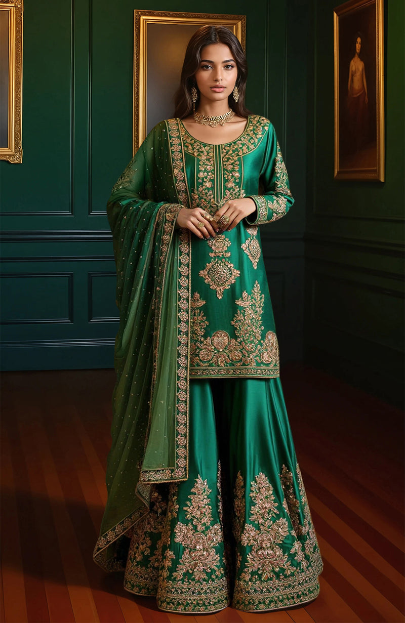 Emerald Green Gold Embroidered Gharara set