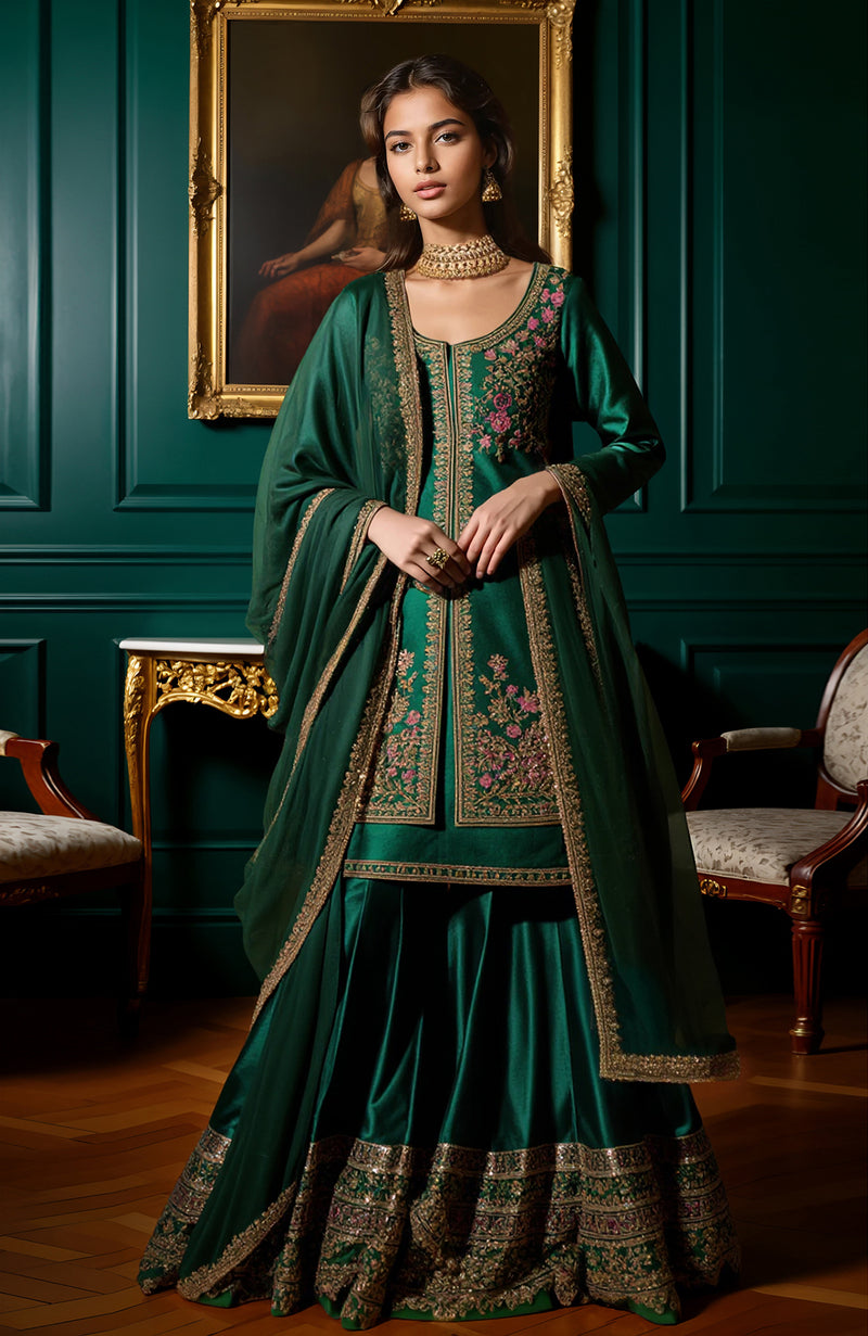 Emerald Green  Gold Embroidered Gharara set