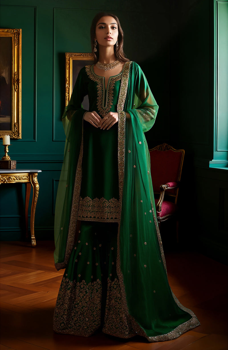 Emerald Green Gold Embroidered Gharara set