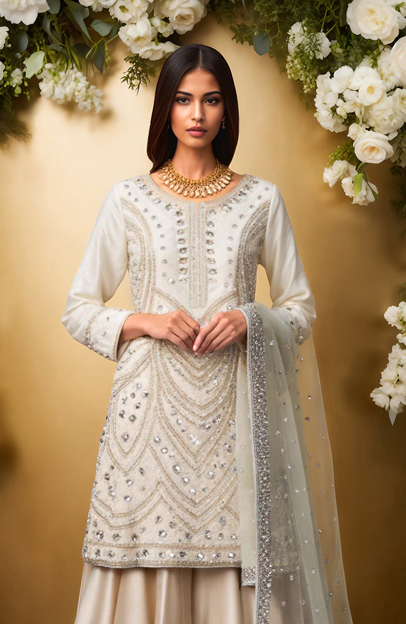 Ivory Royale Bead & Crystal Embroidered Sharara set