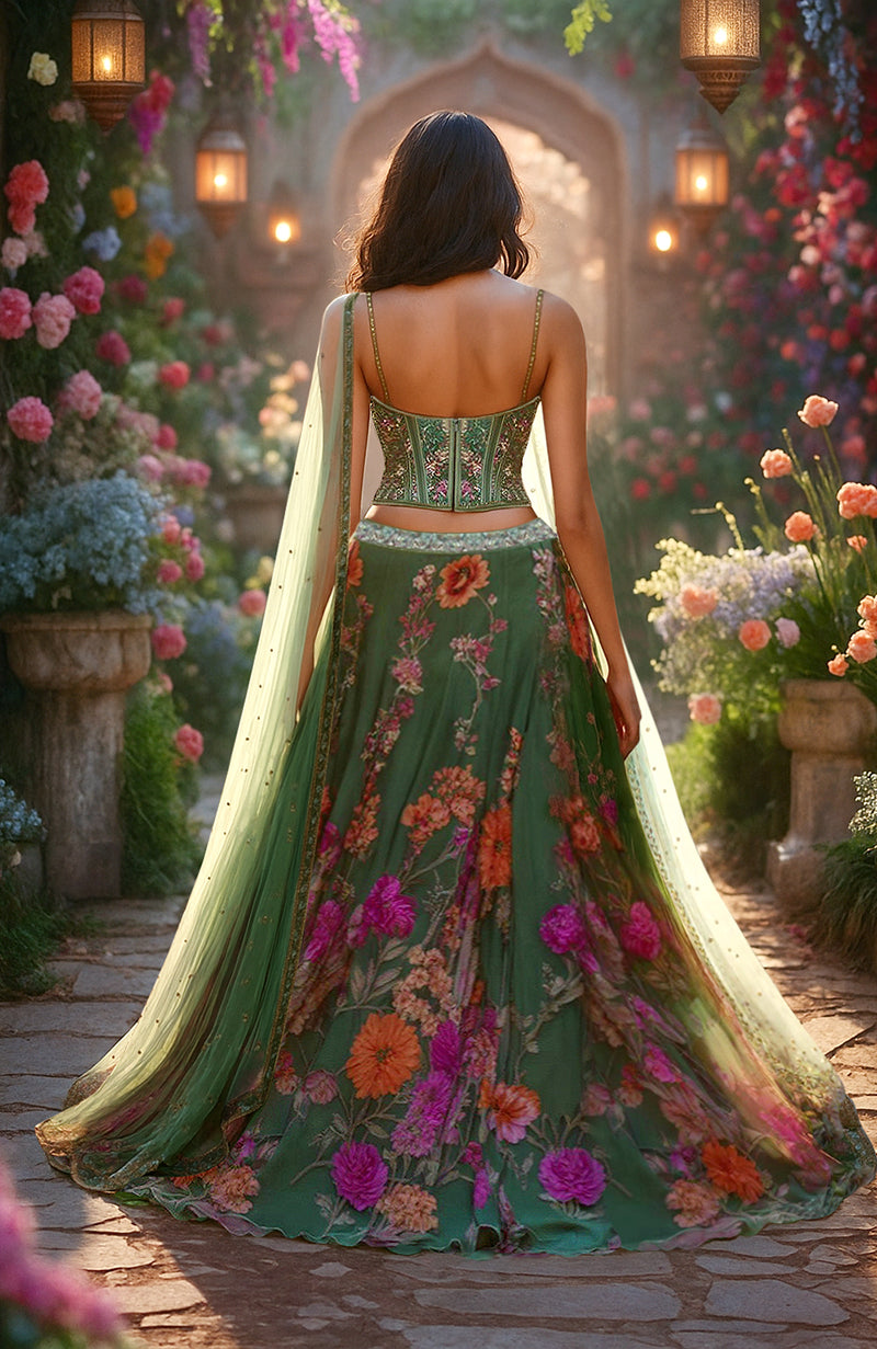 Enchanted Forest Green Floral Corset Lehenga Set