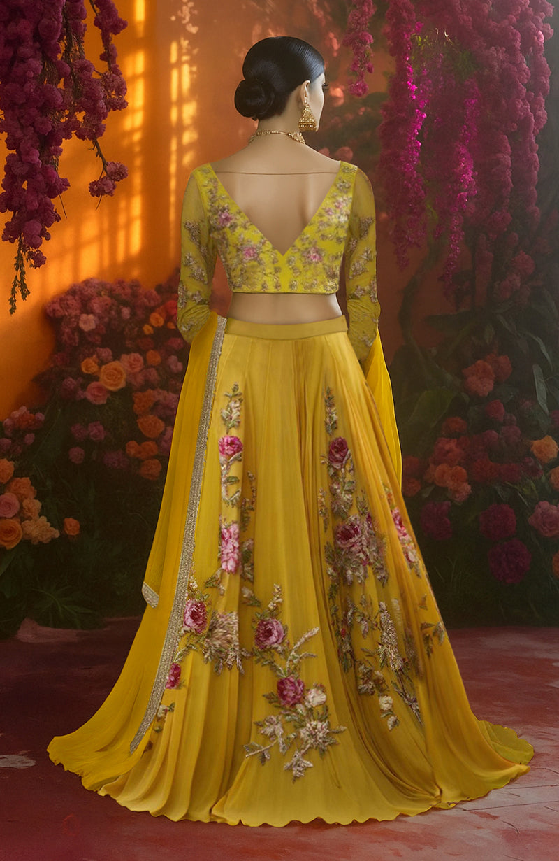 Marigold Yellow Floral Embroidered Lehenga Set