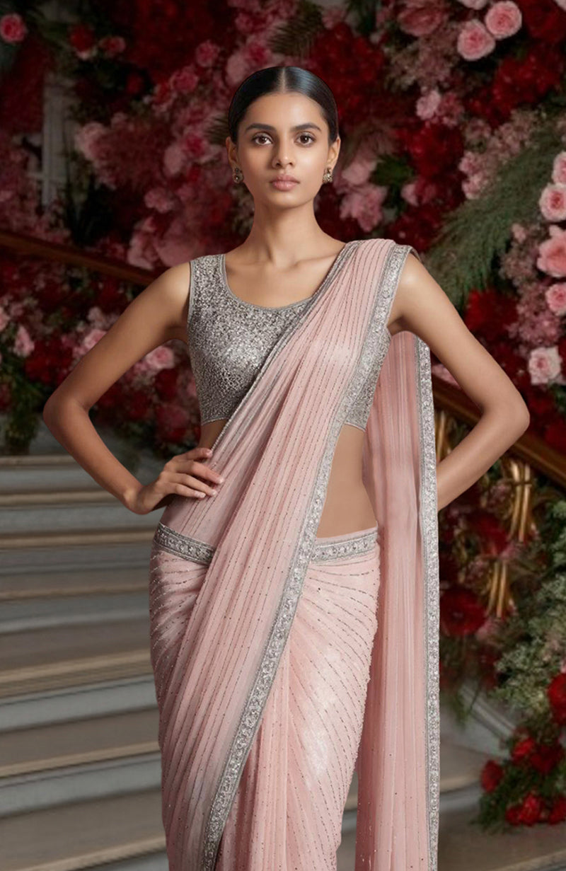Blush Pink Silver Embroidered Draped Saree Set