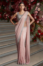 Blush Pink Silver Embroidered Draped Saree Set