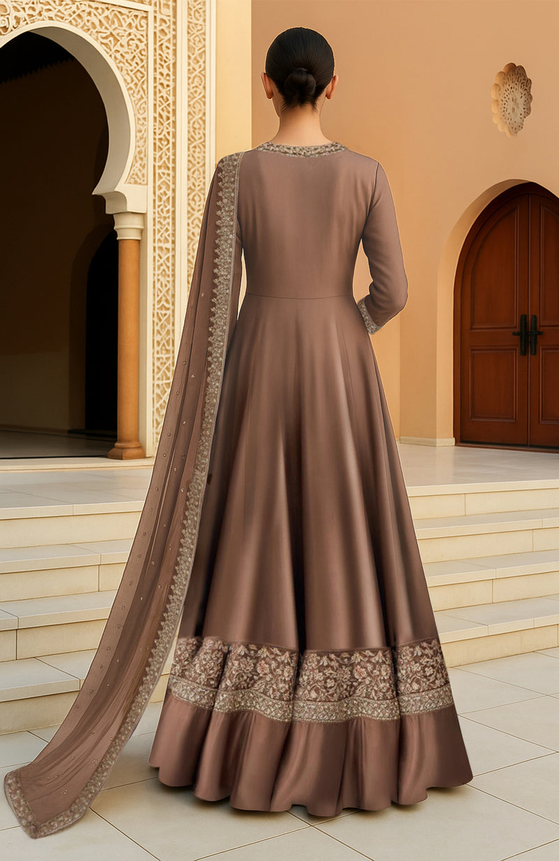 Mocha Brown Resham Beads and Sequins Embroidered Anarkali Set