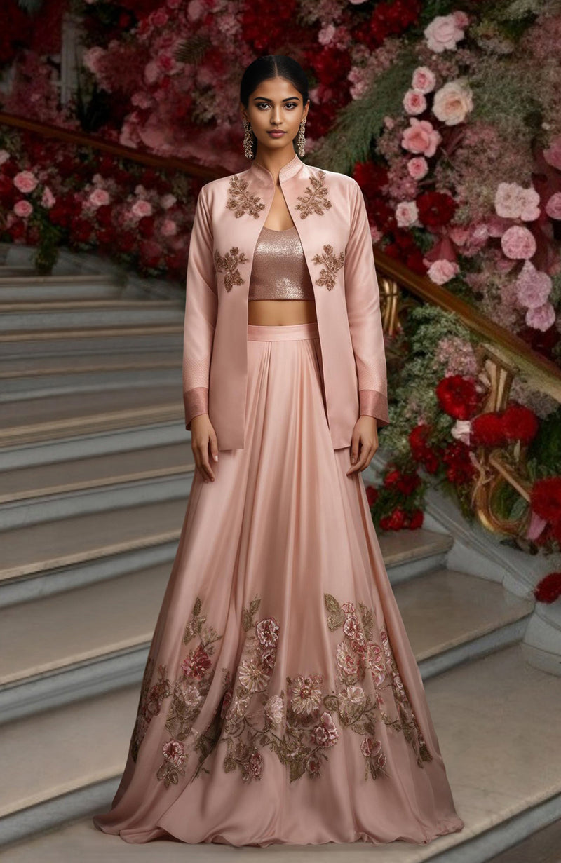 Blush Pink Resham Sequin and Beads Embroidered Skirt Set