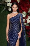 Midnight Starlit Embroidered Drape Gown