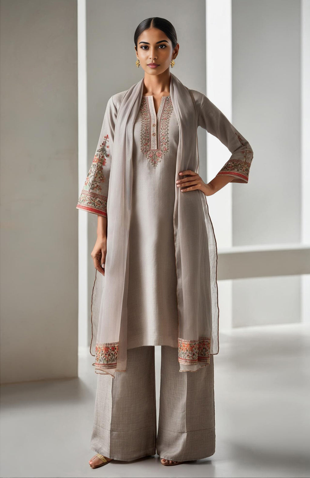 Taupe beige straight kurta with embroidery, wide-leg trousers, and sheer organza dupatta.