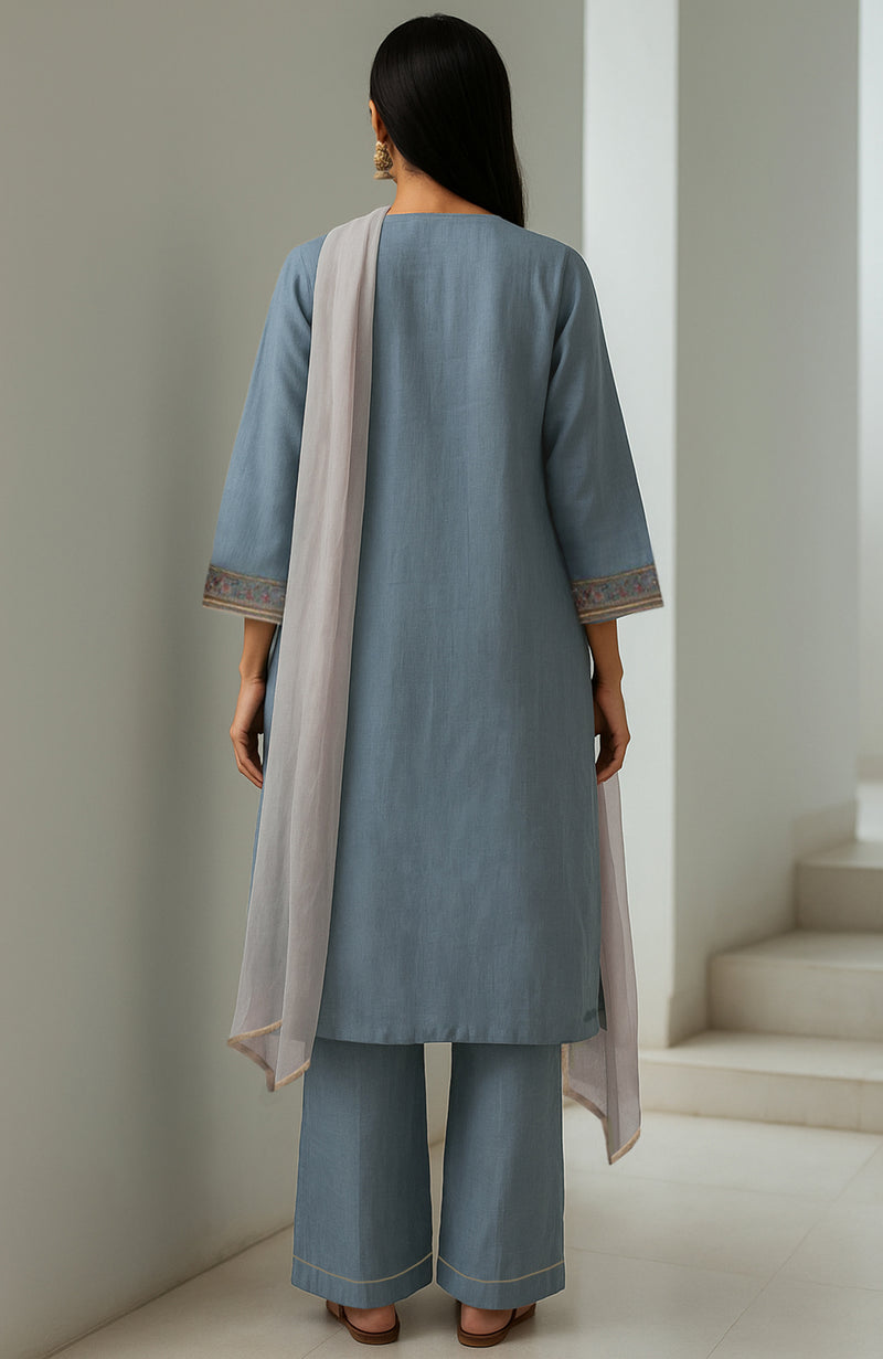 Powdered Indigo Embroidered Kurta Set