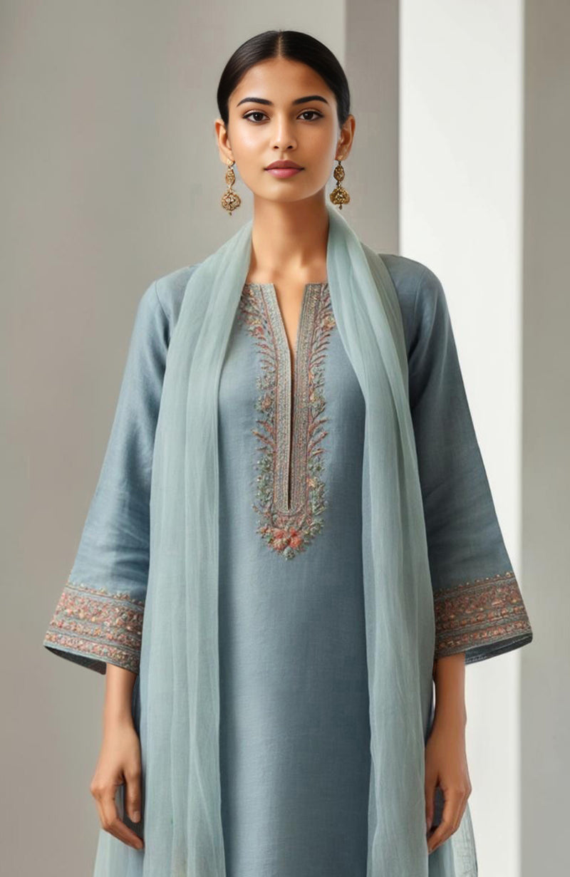 Powdered Indigo Embroidered Kurta Set