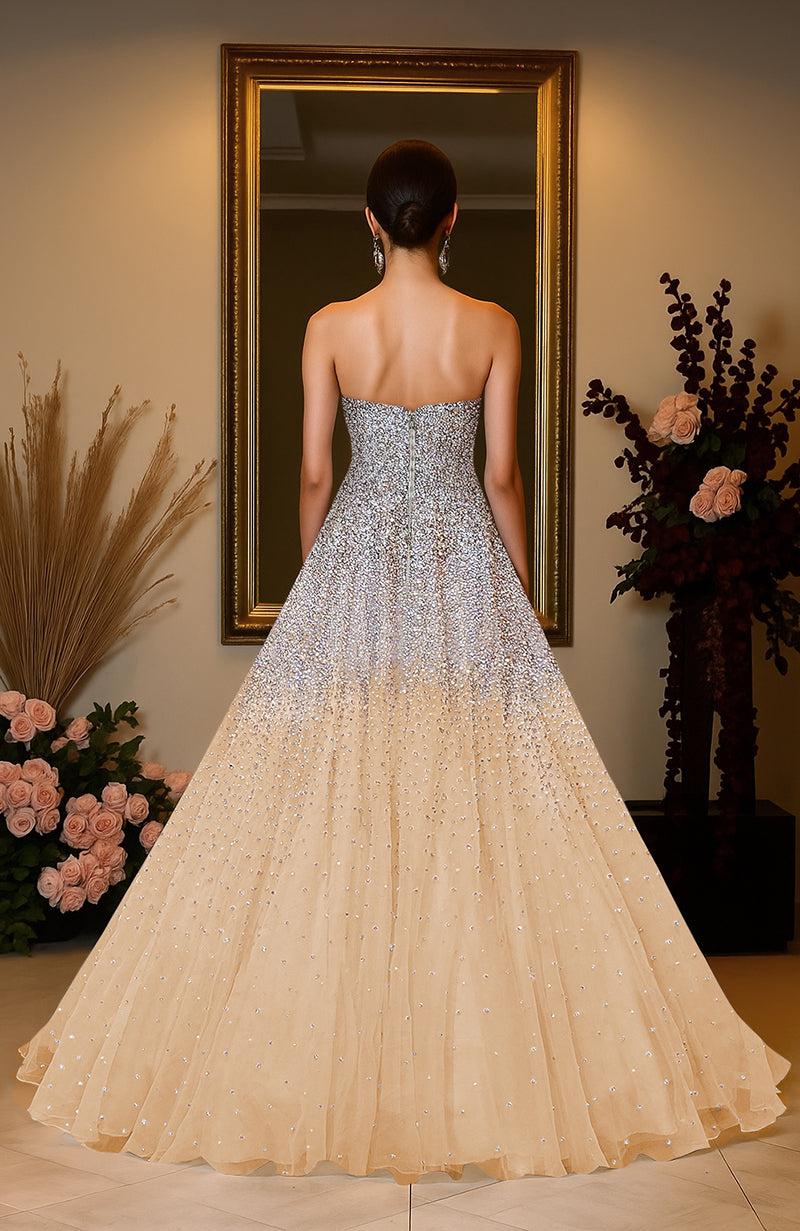 NAIRA Champagne Gold Crystal & Pearl Princess Gown – Talking Threads Global