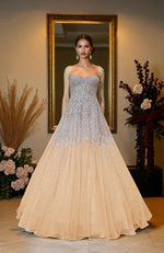 NAIRA- Champagne Gold Crystal & Pearl Beads Hand Embroidered Princess Gown