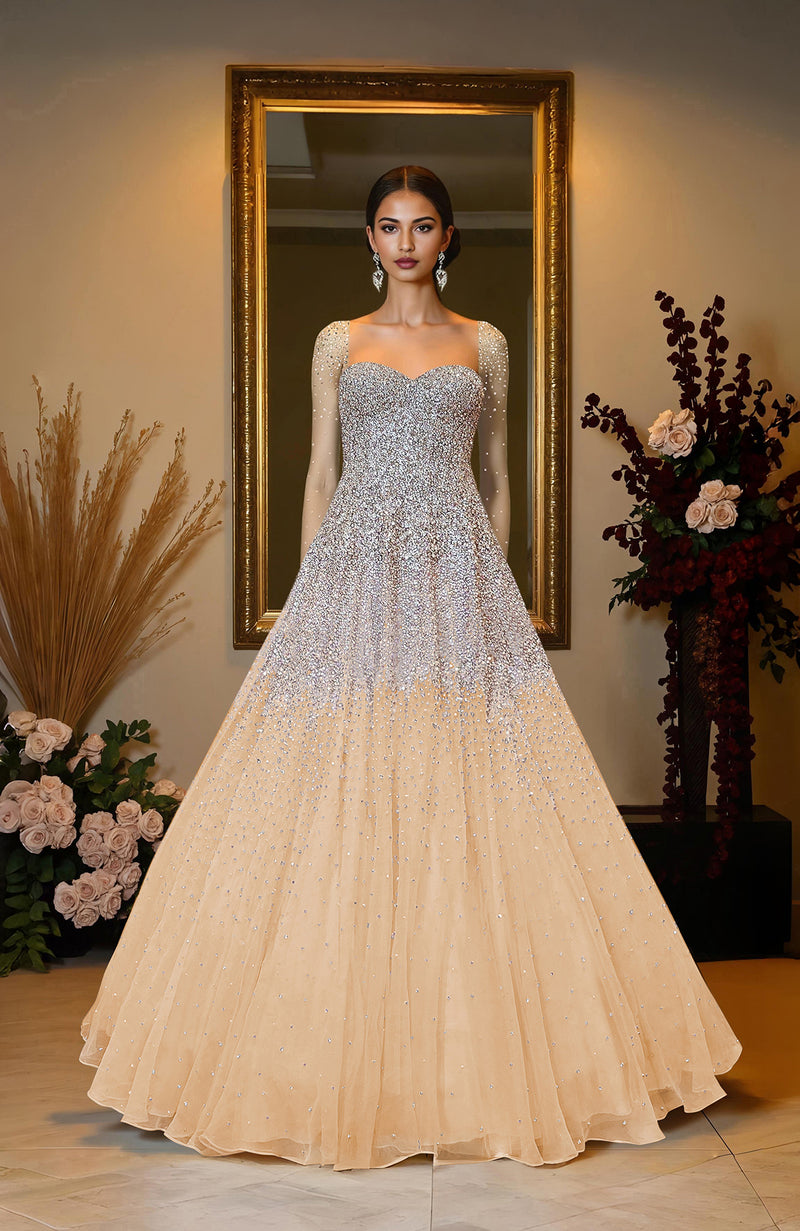 NAIRA- Champagne Gold Crystal & Pearl Beads Hand Embroidered Princess Gown