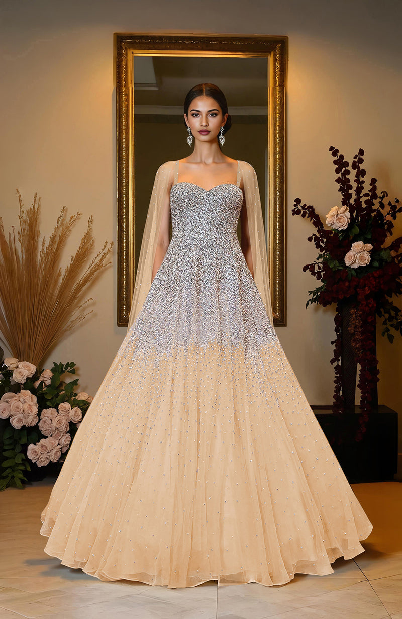NAIRA- Champagne Gold Crystal & Pearl Beads Hand Embroidered Princess Gown