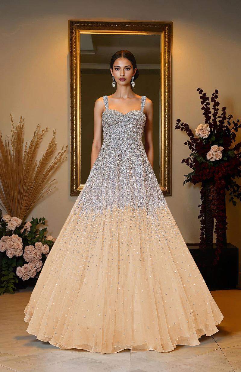 NAIRA- Champagne Gold Crystal & Pearl Beads Hand Embroidered Princess Gown