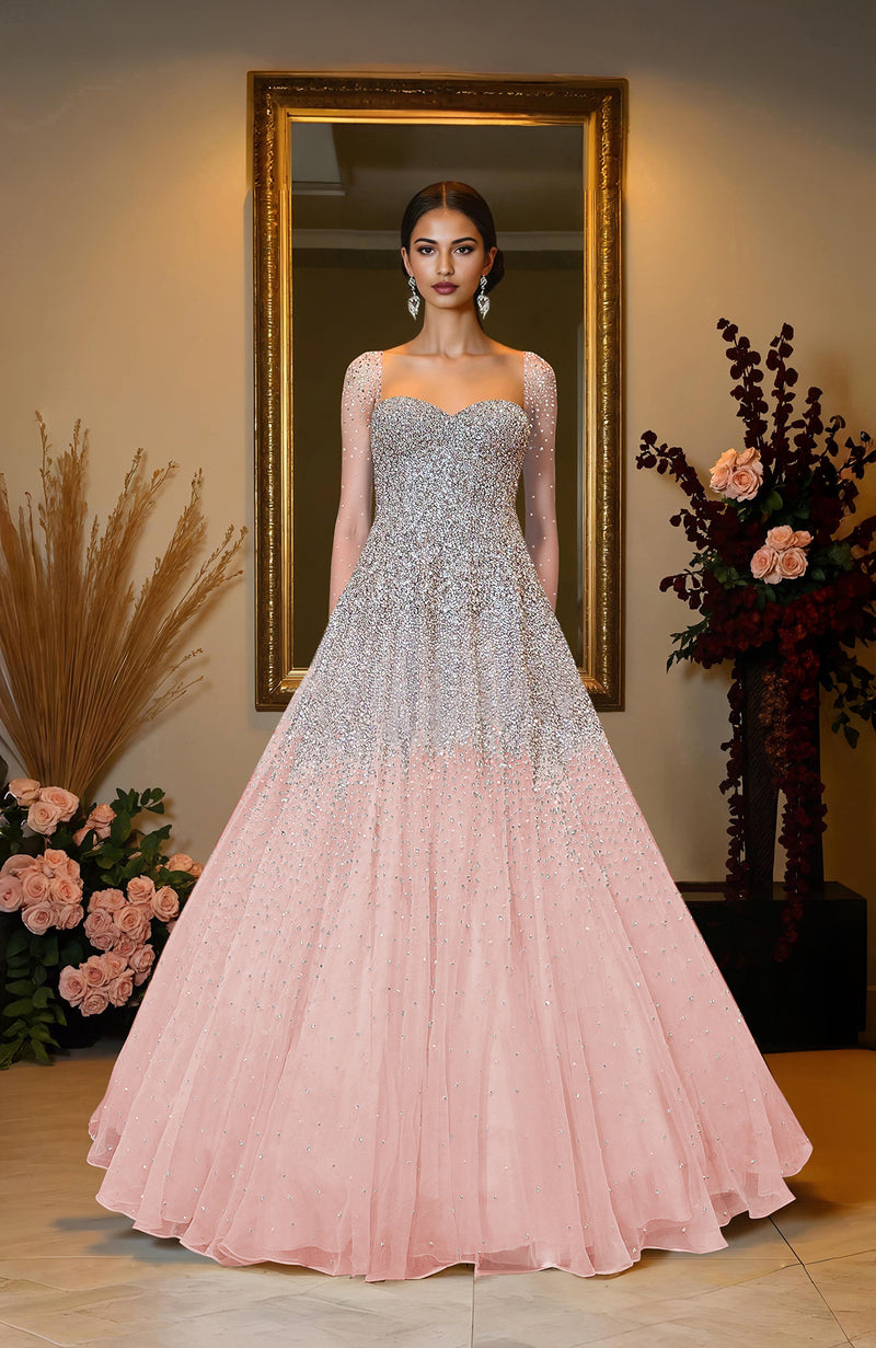 NAIRA- Champagne Gold Crystal & Pearl Beads Hand Embroidered Princess Gown