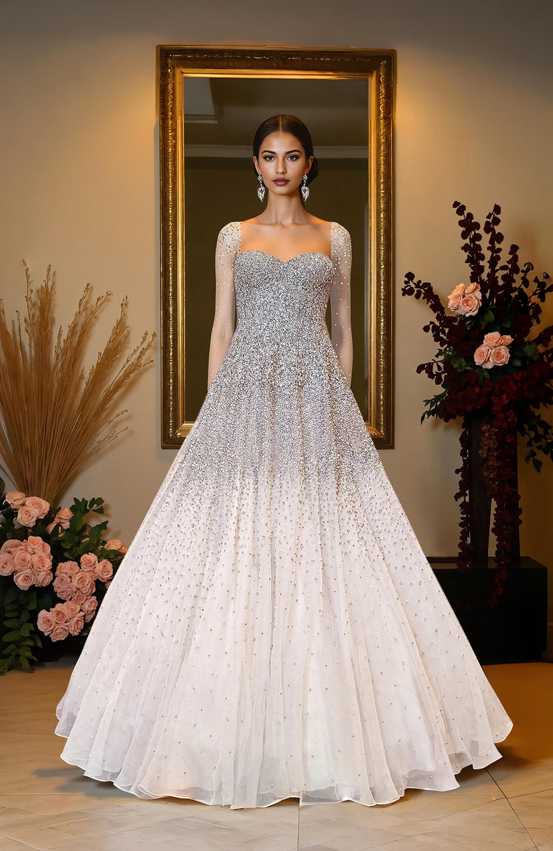 NAIRA- Champagne Gold Crystal & Pearl Beads Hand Embroidered Princess Gown