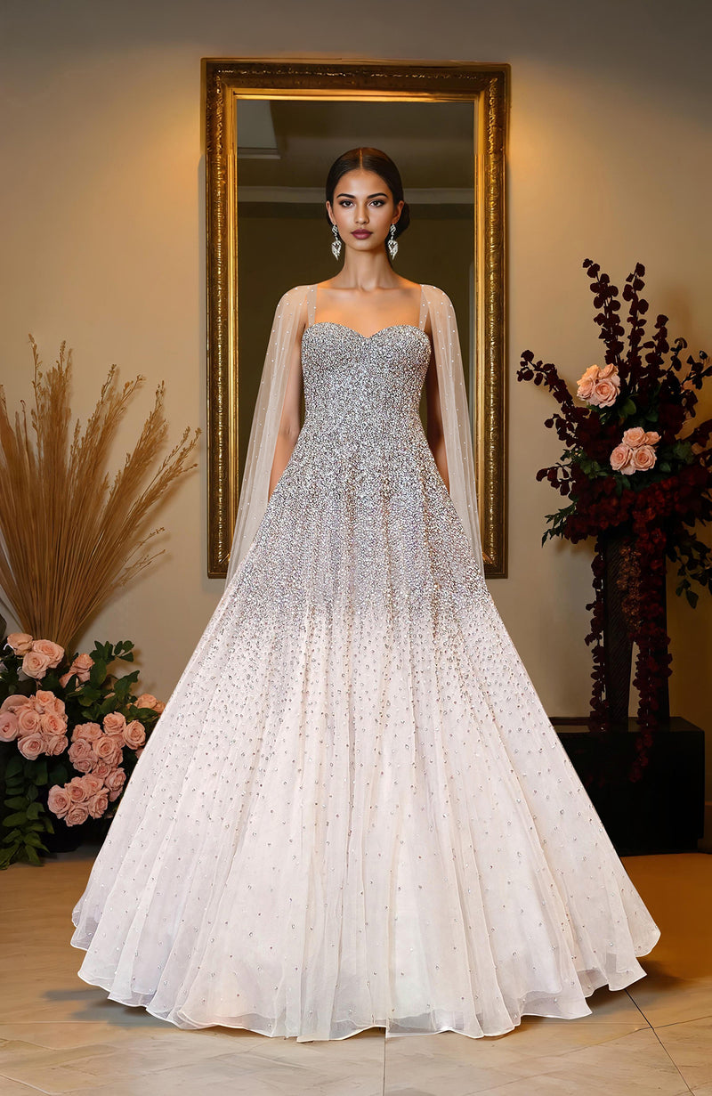 NAIRA- Champagne Gold Crystal & Pearl Beads Hand Embroidered Princess Gown