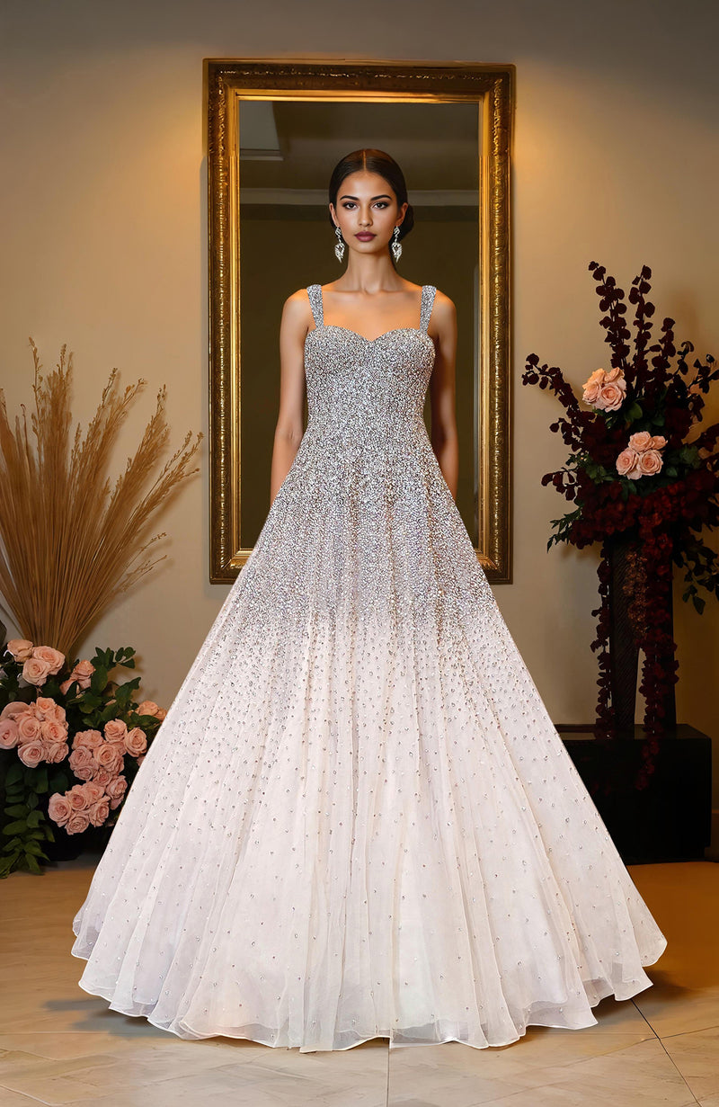 NAIRA- Champagne Gold Crystal & Pearl Beads Hand Embroidered Princess Gown