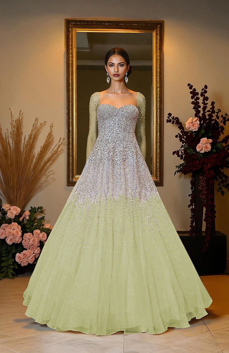 NAIRA- Champagne Gold Crystal & Pearl Beads Hand Embroidered Princess Gown