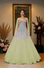 NAIRA- Champagne Gold Crystal & Pearl Beads Hand Embroidered Princess Gown