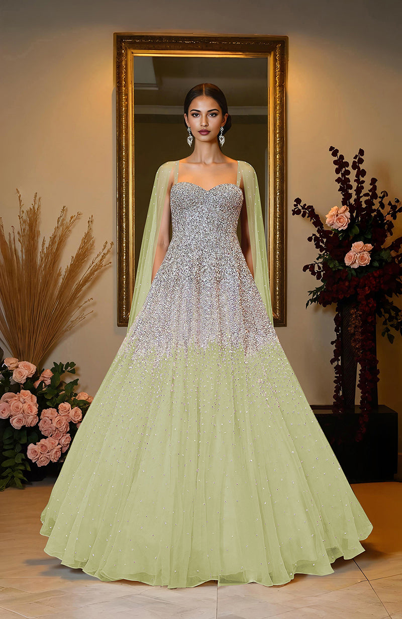 NAIRA- Champagne Gold Crystal & Pearl Beads Hand Embroidered Princess Gown