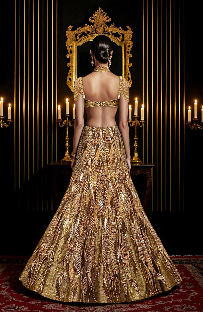 LAILA- Gold Hand Embroidered Lehenga Set With Cape