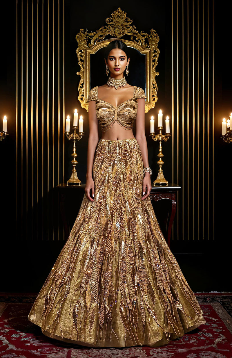 LAILA- Gold Hand Embroidered Lehenga Set With Cape