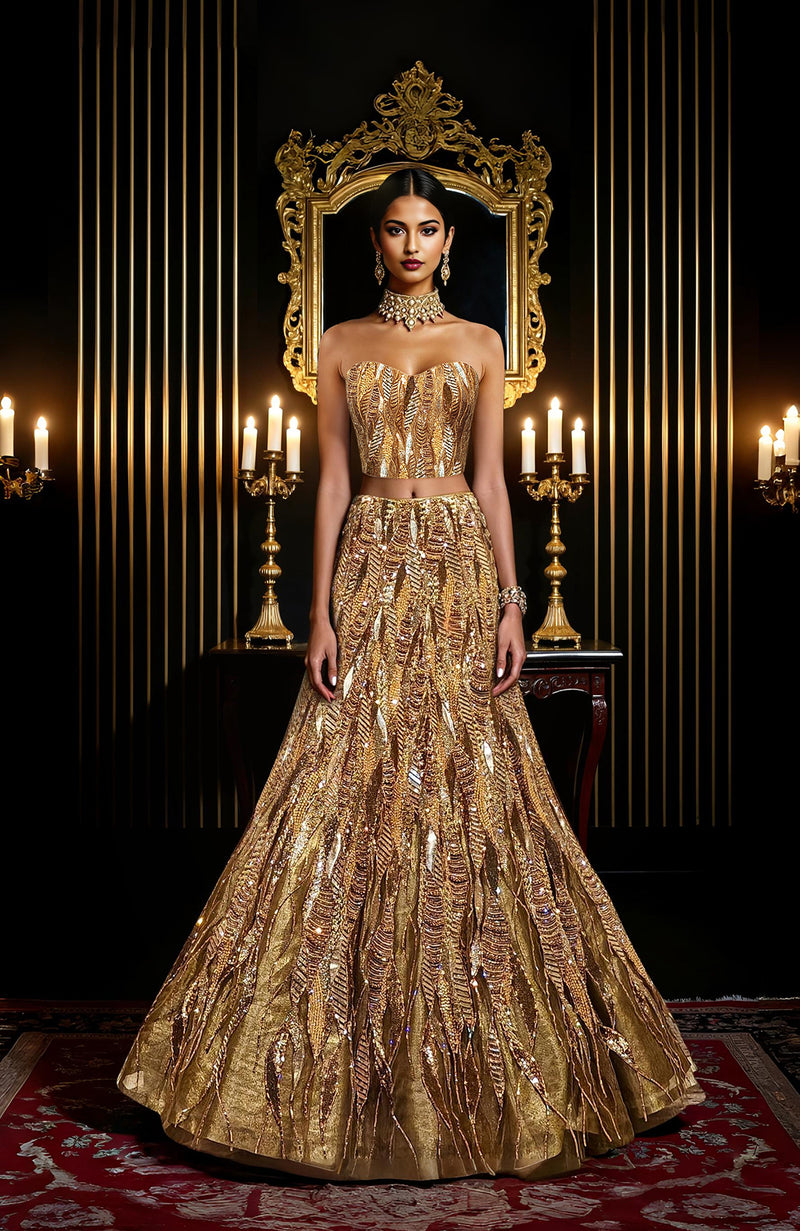 LAILA- Gold Hand Embroidered Lehenga Set With Cape