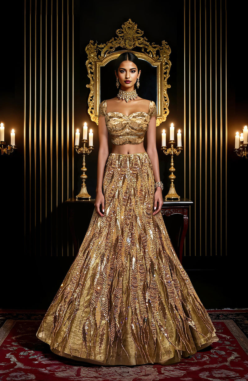 LAILA- Gold Hand Embroidered Lehenga Set With Cape
