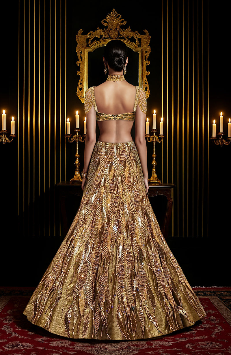 LAILA- Gold Hand Embroidered Lehenga Set With Cape