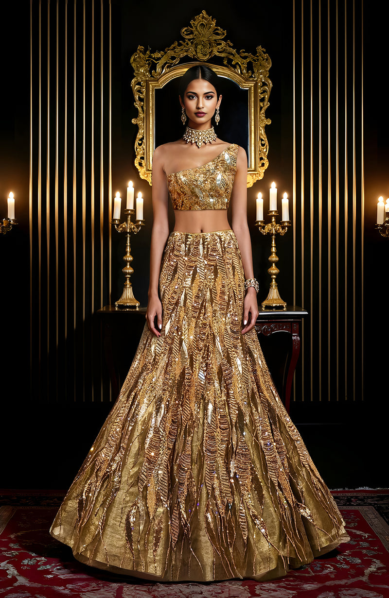 LAILA- Gold Hand Embroidered Lehenga Set With Cape