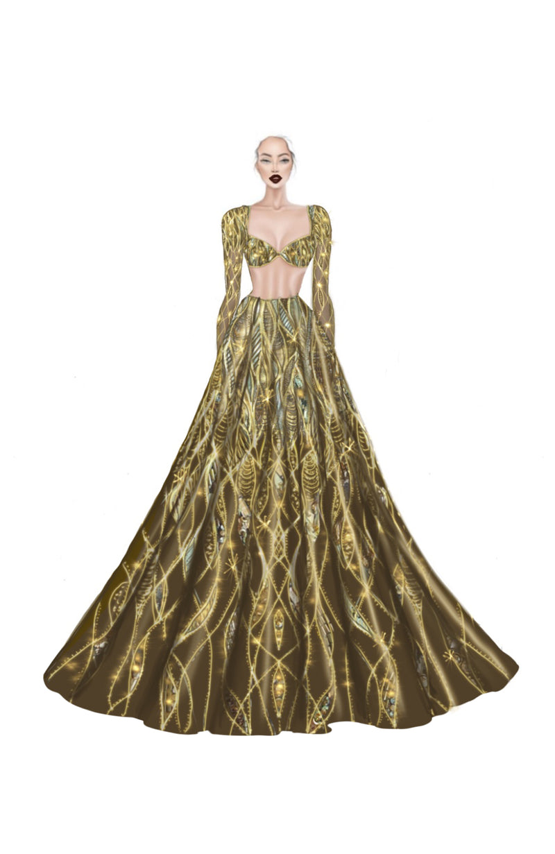 LAILA- Gold Hand Embroidered Lehenga Set With Cape