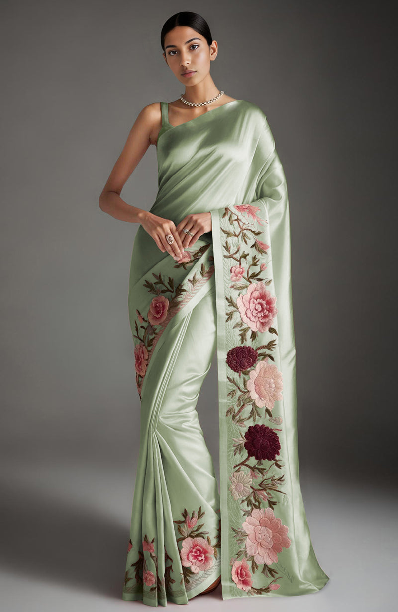 Blush Pink Peony and Roses Embroidered Saree
