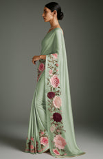 Sage Green Peony and Roses Embroidered Saree