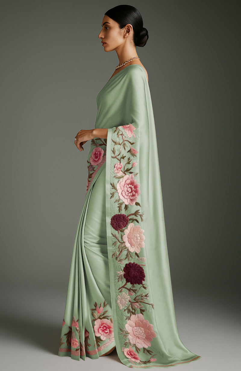 Sage Green Peony and Roses Embroidered Saree