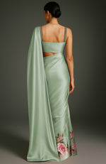Sage Green Peony and Roses Embroidered Saree