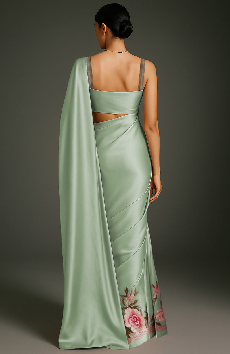 Sage Green Peony and Roses Embroidered Saree