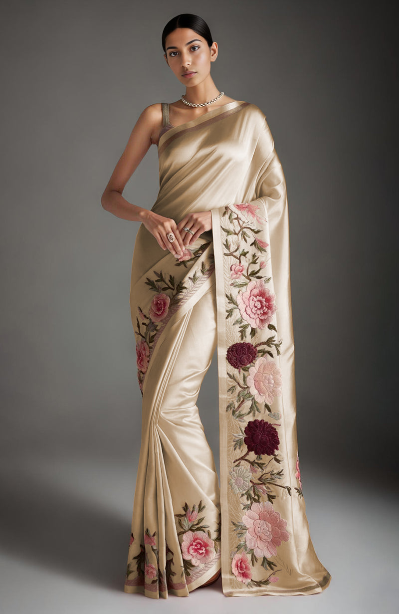 Blush Pink Peony and Roses Embroidered Saree