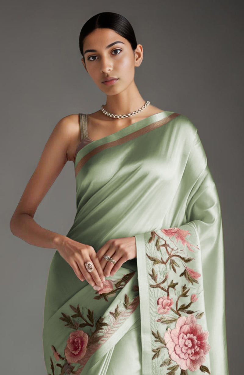 Sage Green Peony and Roses Embroidered Saree
